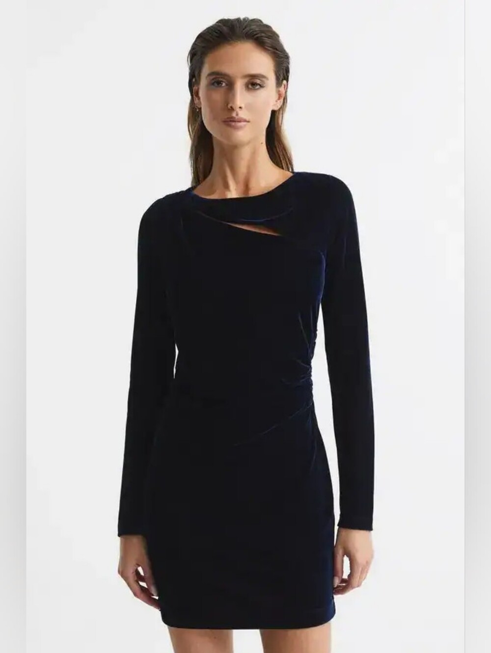 Reiss Navy Velvet Long-Sleeve Cutout Dress Size 2